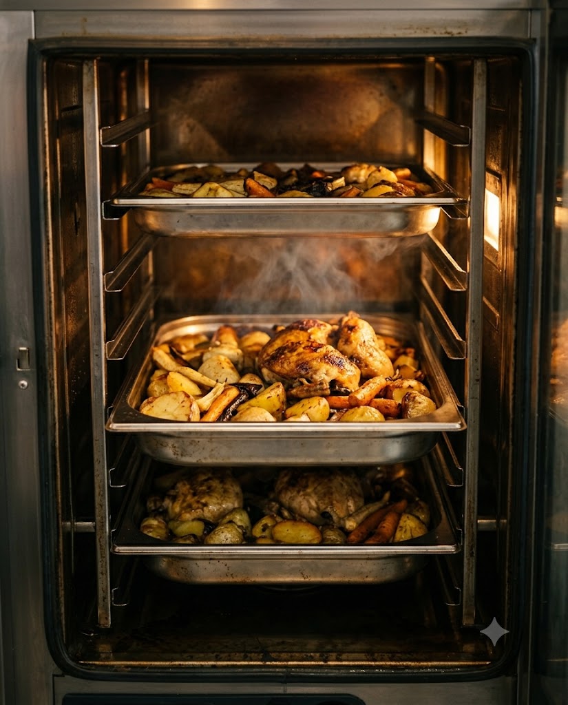 Horno profesional trabajando en una cocina industrial con un operario