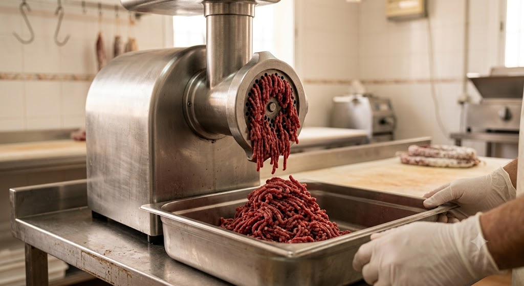 Picadora de carne industrial de acero inoxidable en uso