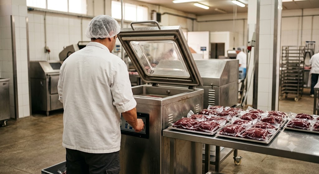 Envasadora al vacío en funcionamiento con un operario en un obrador real