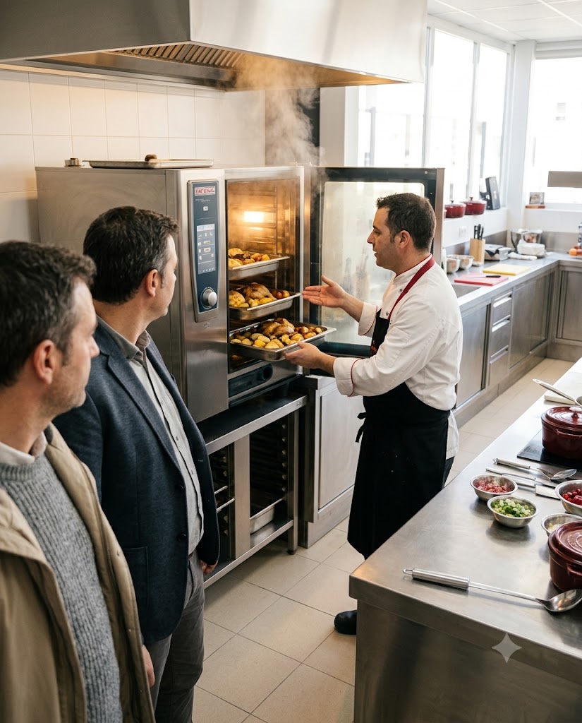 Demostración de un horno RATIONAL iCombi Pro con un chef ante clientes